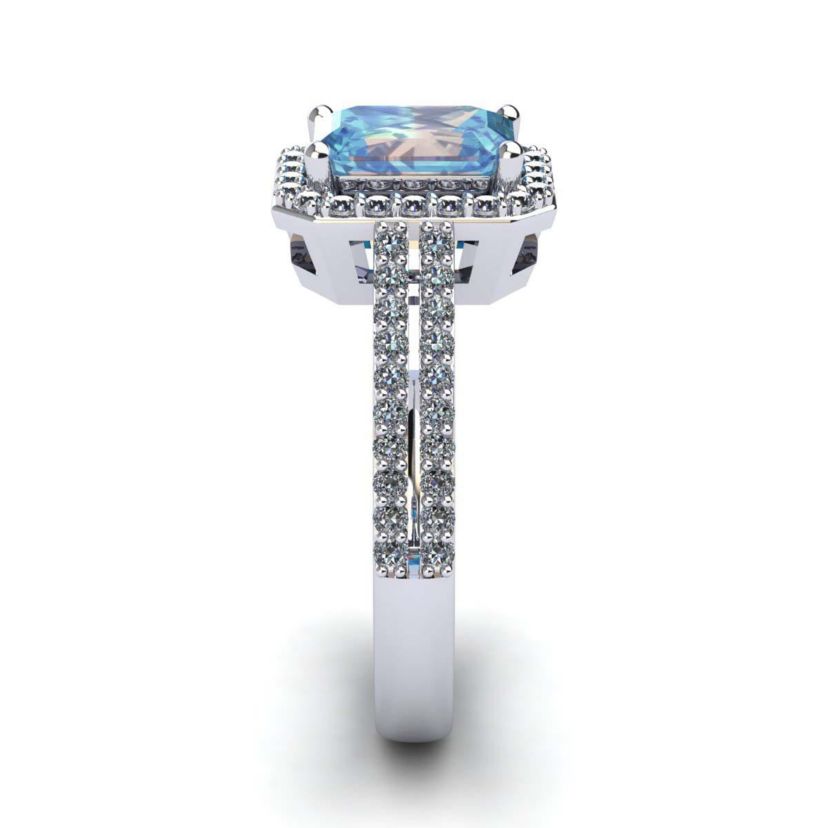 1 1/2cttw Octagon Shape Aquamarine and Halo Diamond Ring In Sterling Silver