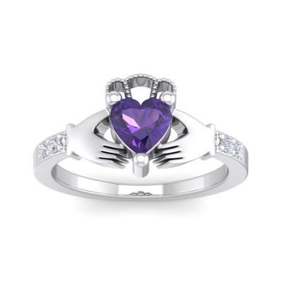 Belk & Co 1cttw Heart Shape Amethyst and Diamond Claddagh Ring In Sterling Silver, White, 5 -  6651292329610