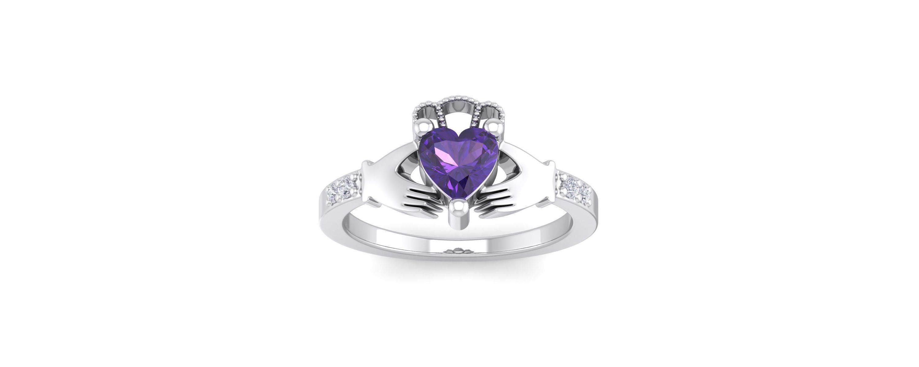 1cttw Heart Shape Amethyst and Diamond Claddagh Ring In Sterling Silver