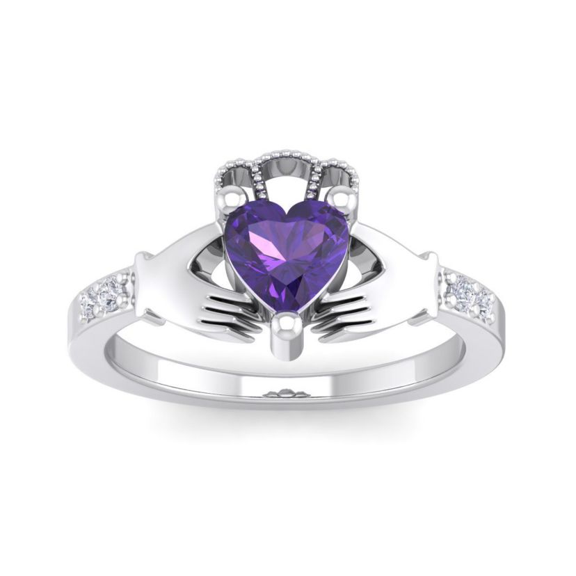 1cttw Heart Shape Amethyst and Diamond Claddagh Ring In Sterling Silver