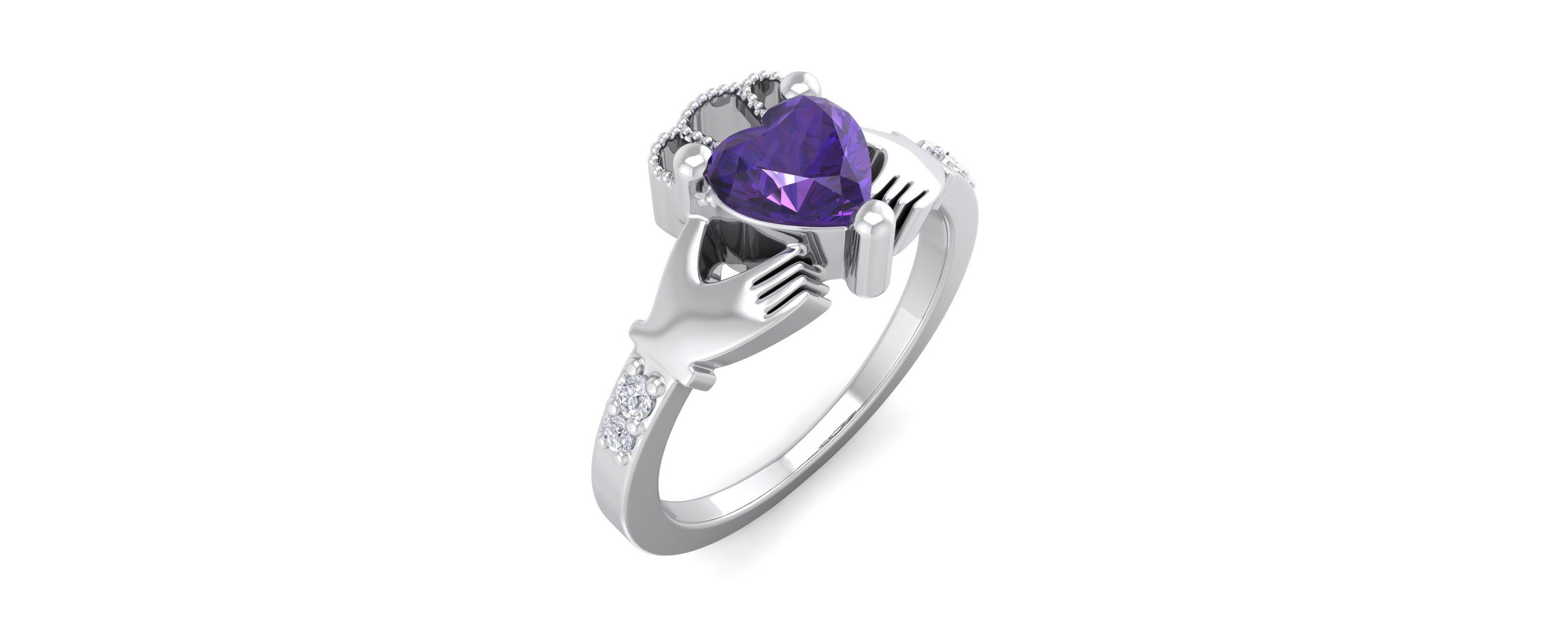 1cttw Heart Shape Amethyst and Diamond Claddagh Ring In Sterling Silver