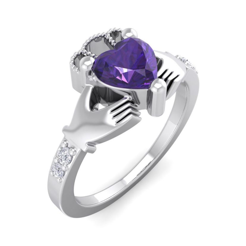 1cttw Heart Shape Amethyst and Diamond Claddagh Ring In Sterling Silver