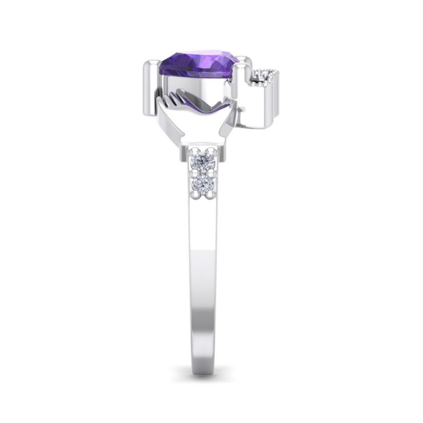 1cttw Heart Shape Amethyst and Diamond Claddagh Ring In Sterling Silver