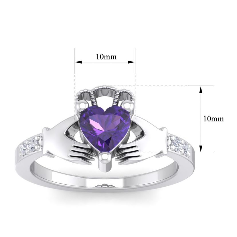 1cttw Heart Shape Amethyst and Diamond Claddagh Ring In Sterling Silver