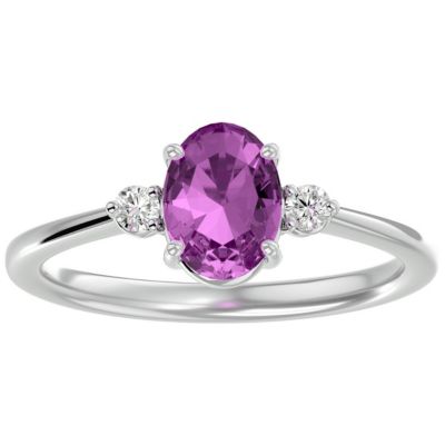 Belk & Co Lab Created 1 1/3cttw Oval Shape Created Pink Sapphire and Two Diamond Ring In Sterling Silver, White, 4