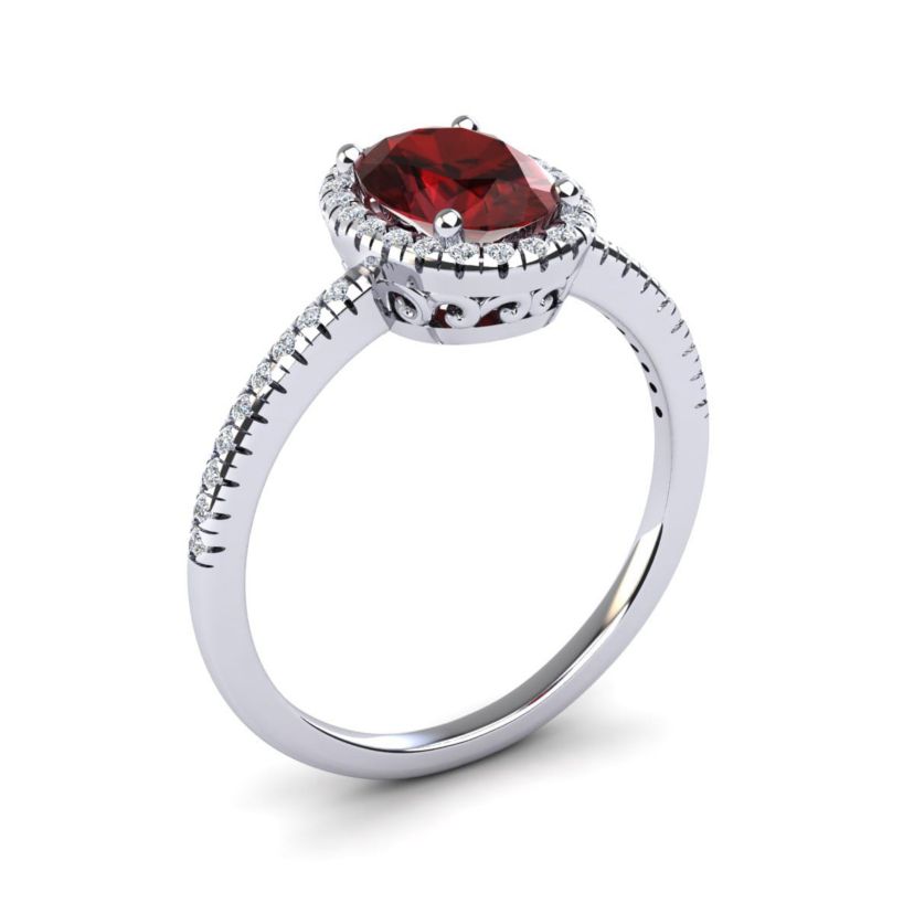 1 1/2cttw Oval Shape Garnet and Halo Diamond Ring In Sterling Silver