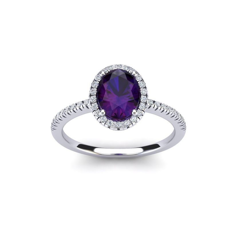 1 1/2cttw Oval Shape Amethyst and Halo Diamond Ring In Sterling Silver