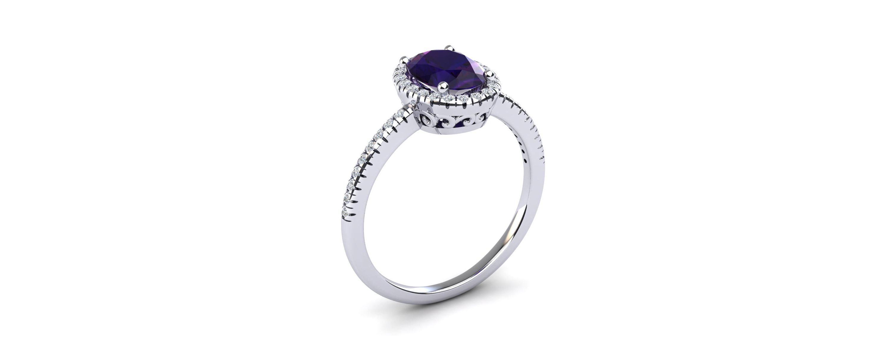 1 1/2cttw Oval Shape Amethyst and Halo Diamond Ring In Sterling Silver