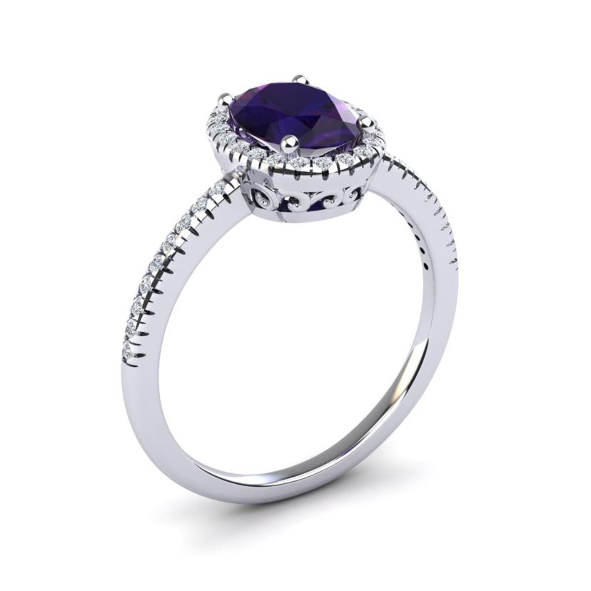 1 1/2cttw Oval Shape Amethyst and Halo Diamond Ring In Sterling Silver