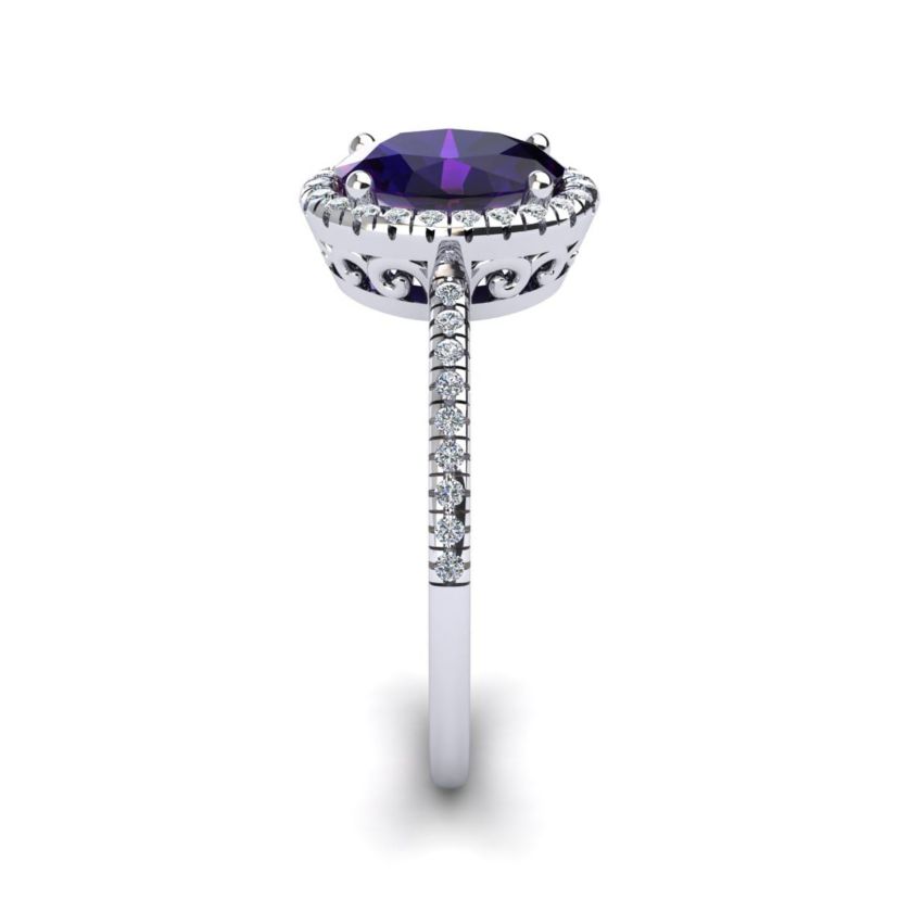 1 1/2cttw Oval Shape Amethyst and Halo Diamond Ring In Sterling Silver