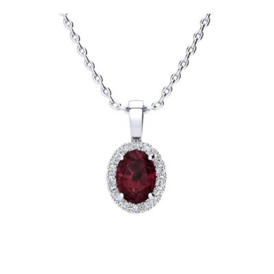 1 1/4 Carat Oval Shape Garnet and Halo Diamond Necklace In Sterling Silver With 18 Inch Chain