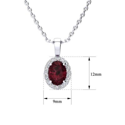 1 1/4 Carat Oval Shape Garnet and Halo Diamond Necklace In Sterling Silver With 18 Inch Chain
