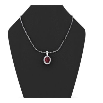 1 1/4 Carat Oval Shape Garnet and Halo Diamond Necklace In Sterling Silver With 18 Inch Chain