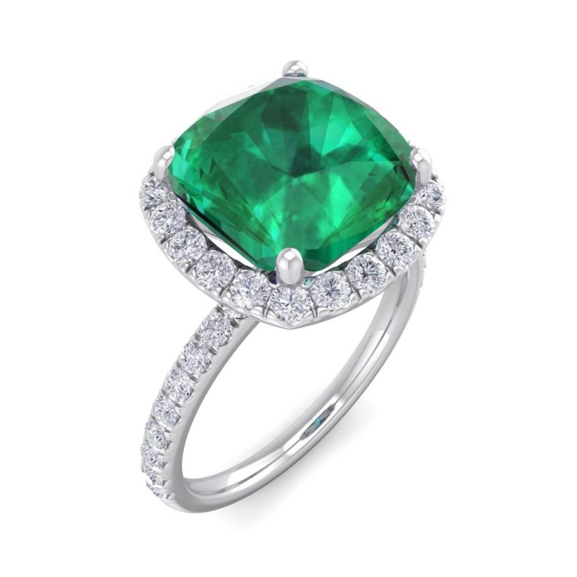 Lab Created 5 1/2 ct. t.w. Cushion Cut Created Emerald and Double Halo Diamond Ring In Sterling Silver