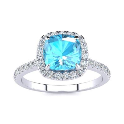 Belk & Co 2 Carat Cushion Cut Blue Topaz and Halo Diamond Ring In Sterling Silver, White, 6.5 -  6651292412763