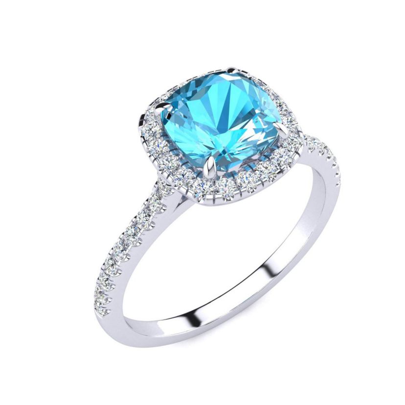 2 ct. t.w. Cushion Cut Blue Topaz and Halo Diamond Ring In Sterling Silver