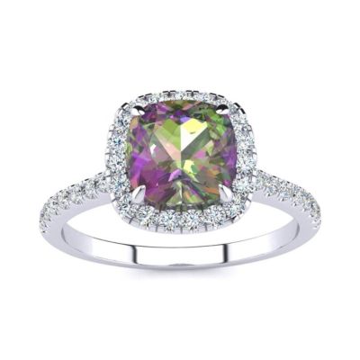 Belk & Co 2 Carat Cushion Cut Mystic Topaz and Halo Diamond Ring In Sterling Silver, White, 6.5 -  6651292412503