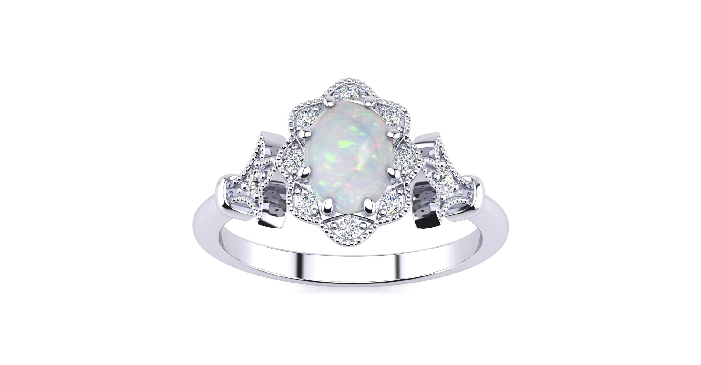 Lab Created 1 ct. t.w. Oval Shape Created Opal and Halo Diamond Ring In Sterling Silver
