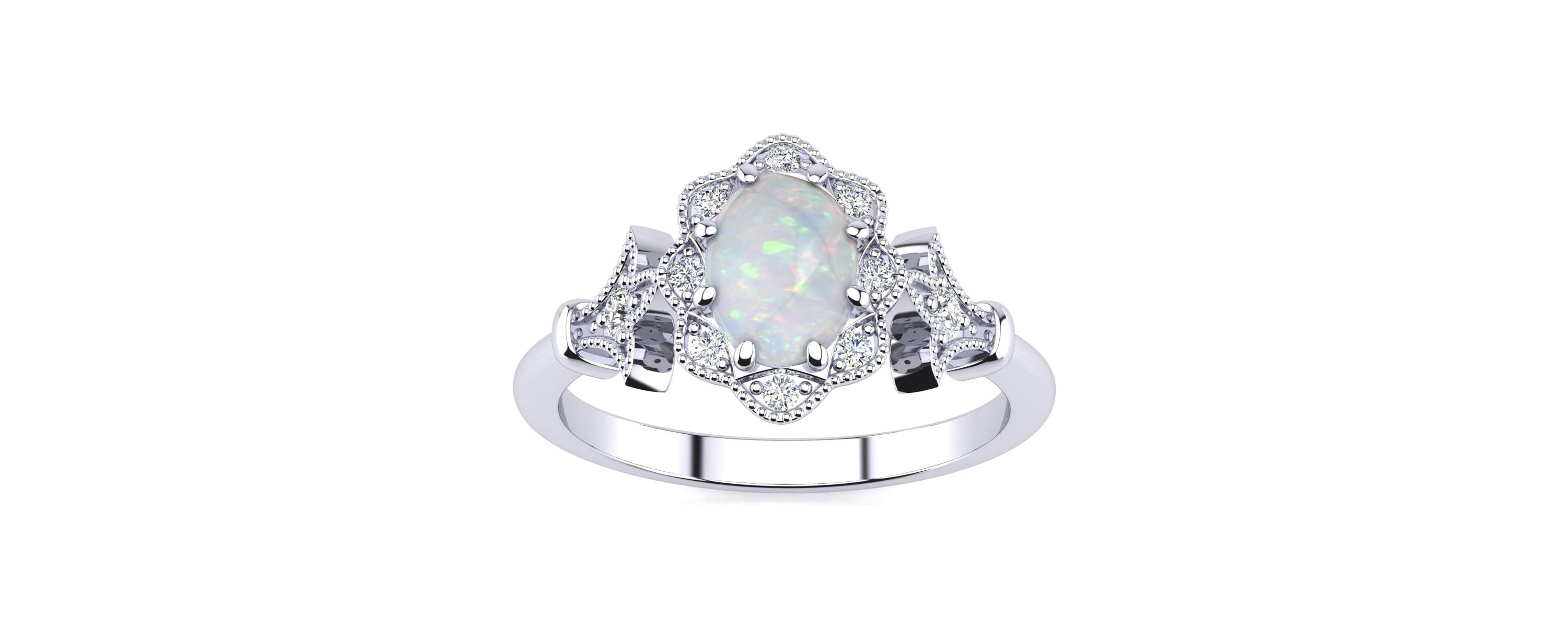 Lab Created 1 ct. t.w. Oval Shape Created Opal and Halo Diamond Ring In Sterling Silver