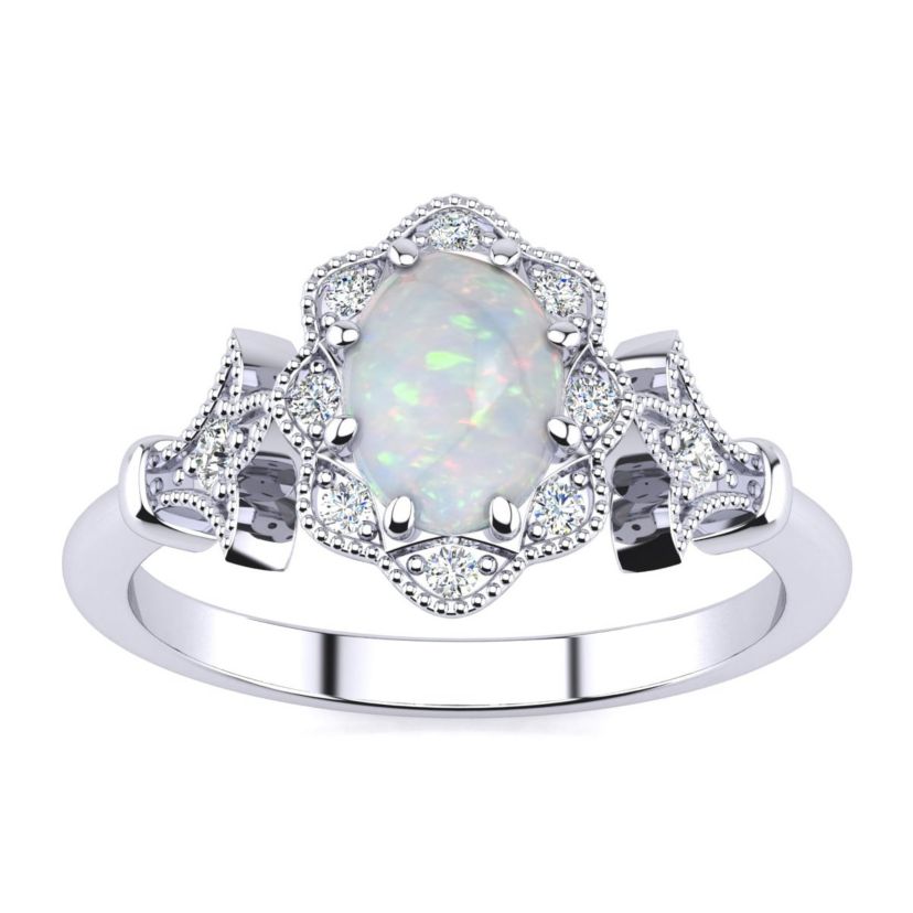 Lab Created 1 ct. t.w. Oval Shape Created Opal and Halo Diamond Ring In Sterling Silver