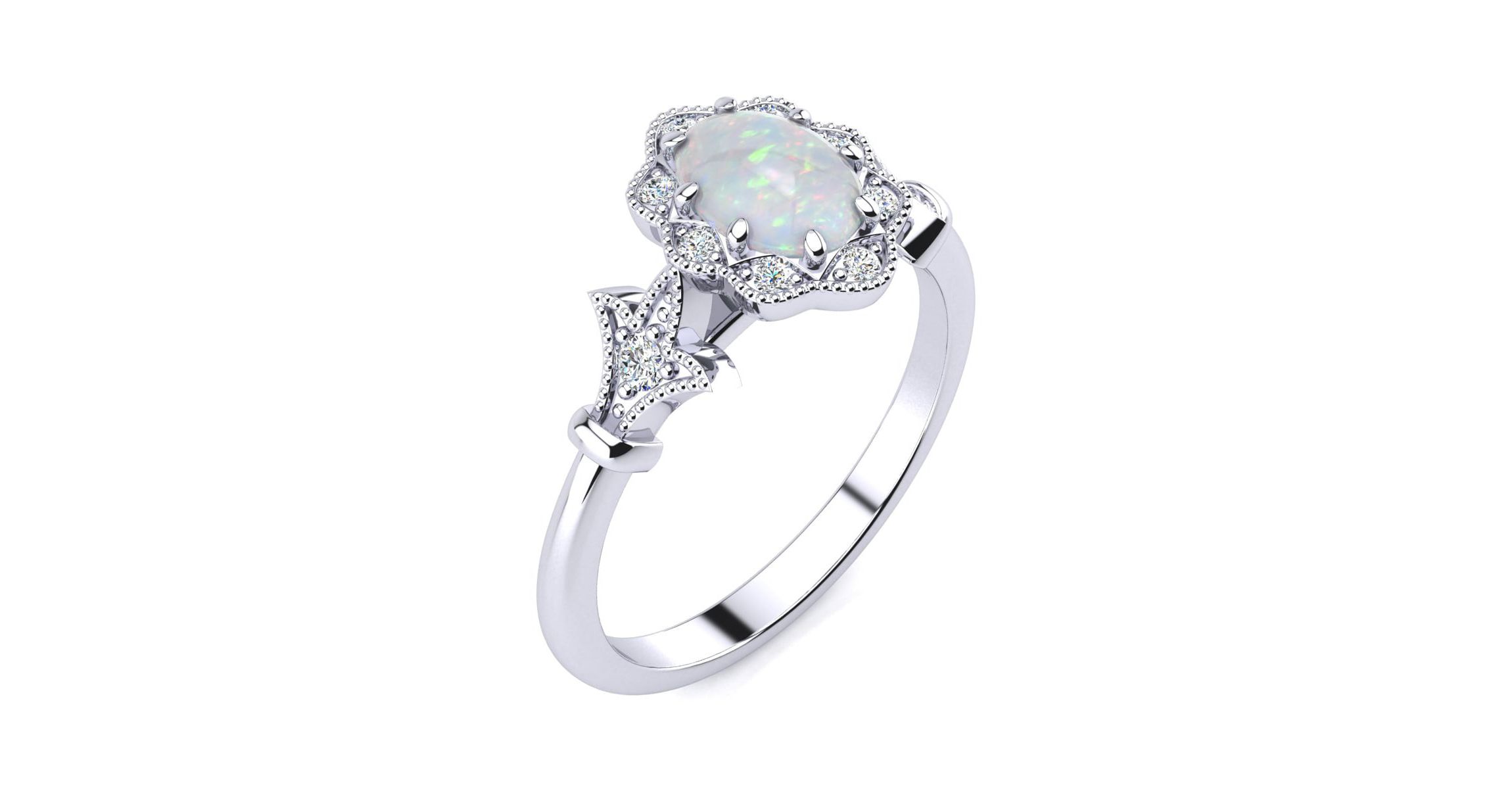 Lab Created 1 ct. t.w. Oval Shape Created Opal and Halo Diamond Ring In Sterling Silver