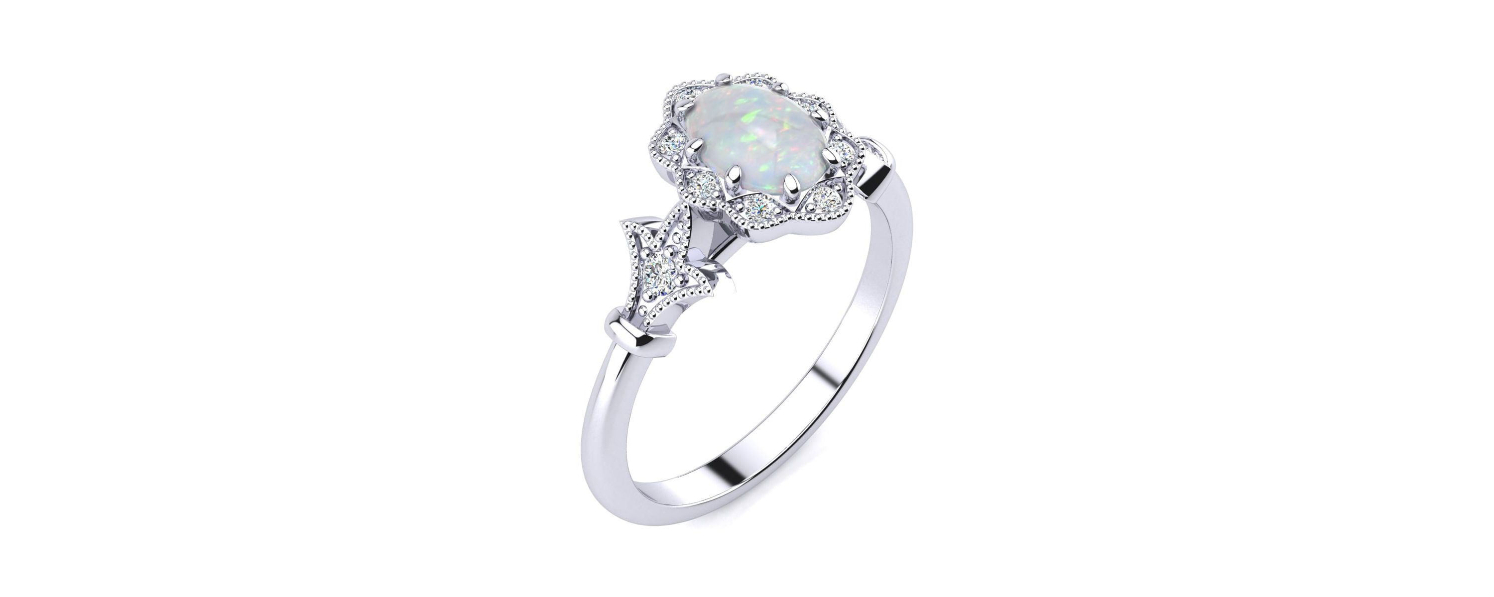 Lab Created 1 ct. t.w. Oval Shape Created Opal and Halo Diamond Ring In Sterling Silver