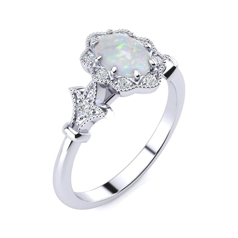Lab Created 1 ct. t.w. Oval Shape Created Opal and Halo Diamond Ring In Sterling Silver