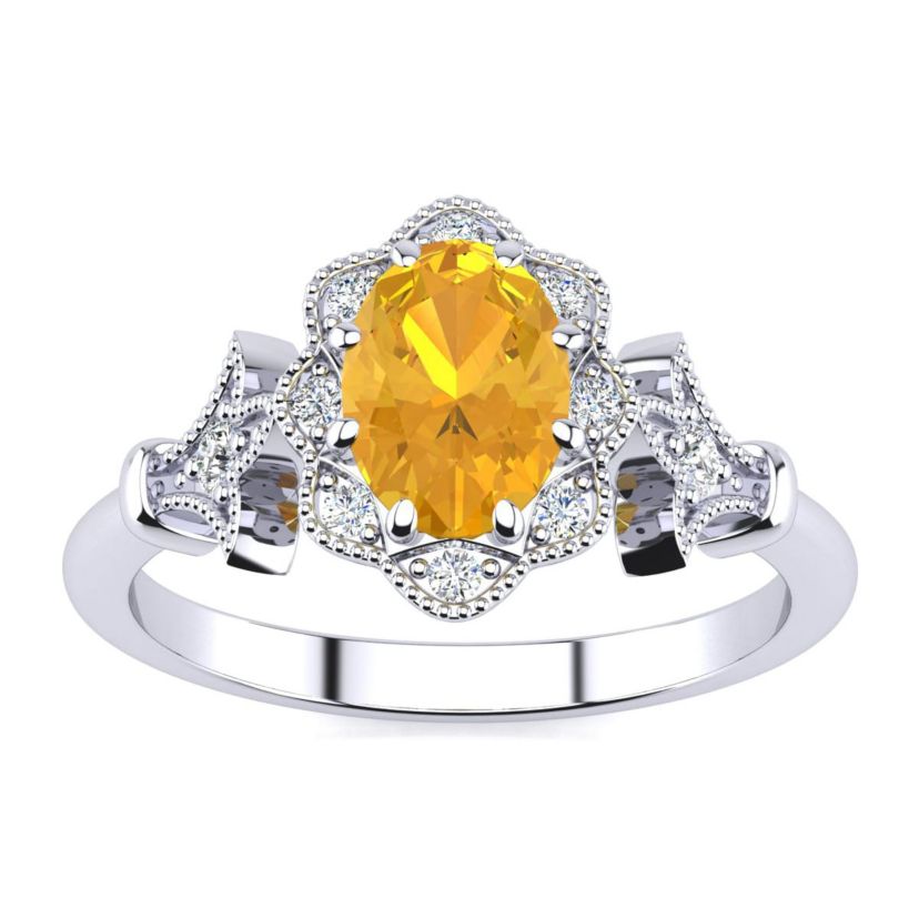 1 ct. t.w. Oval Shape Citrine and Halo Diamond Ring In Sterling Silver