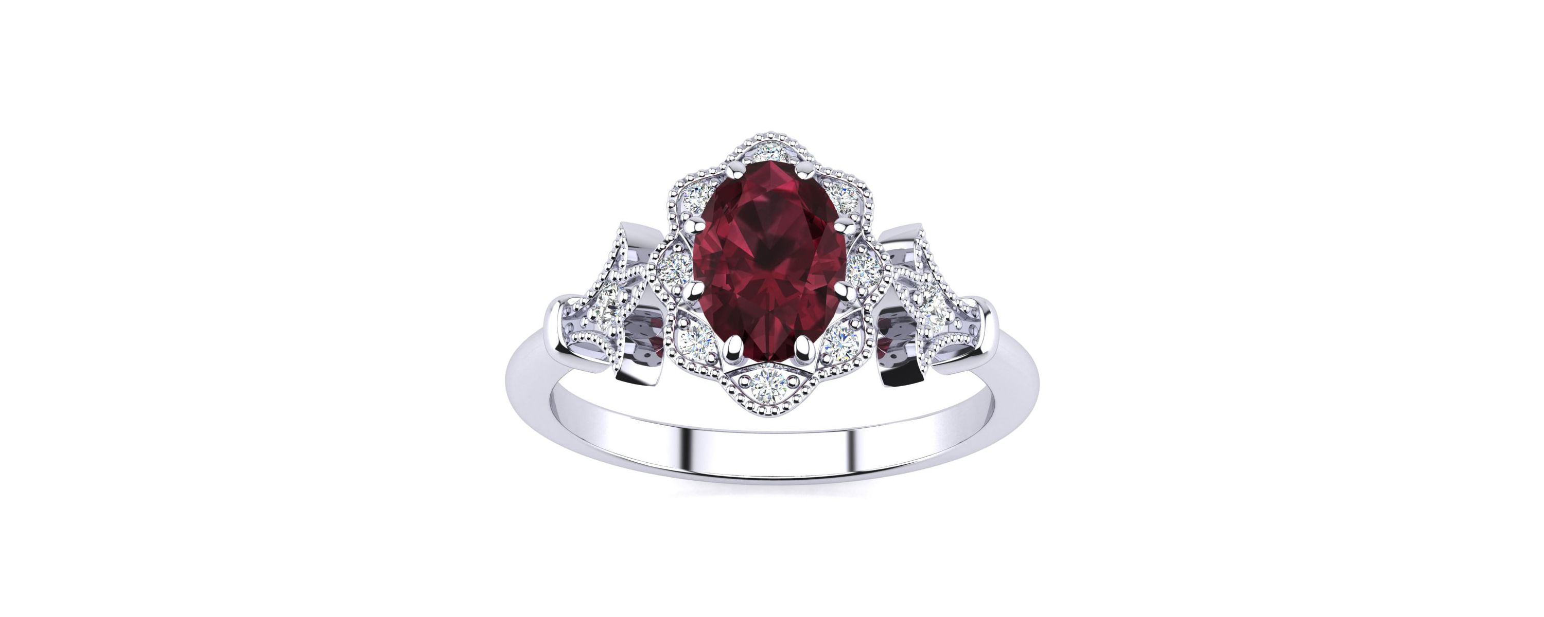1 ct. t.w. Oval Shape Garnet and Halo Diamond Ring In Sterling Silver