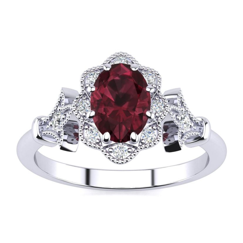1 ct. t.w. Oval Shape Garnet and Halo Diamond Ring In Sterling Silver