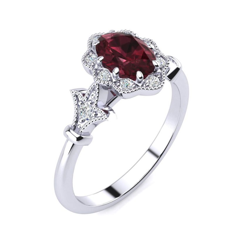 1 ct. t.w. Oval Shape Garnet and Halo Diamond Ring In Sterling Silver
