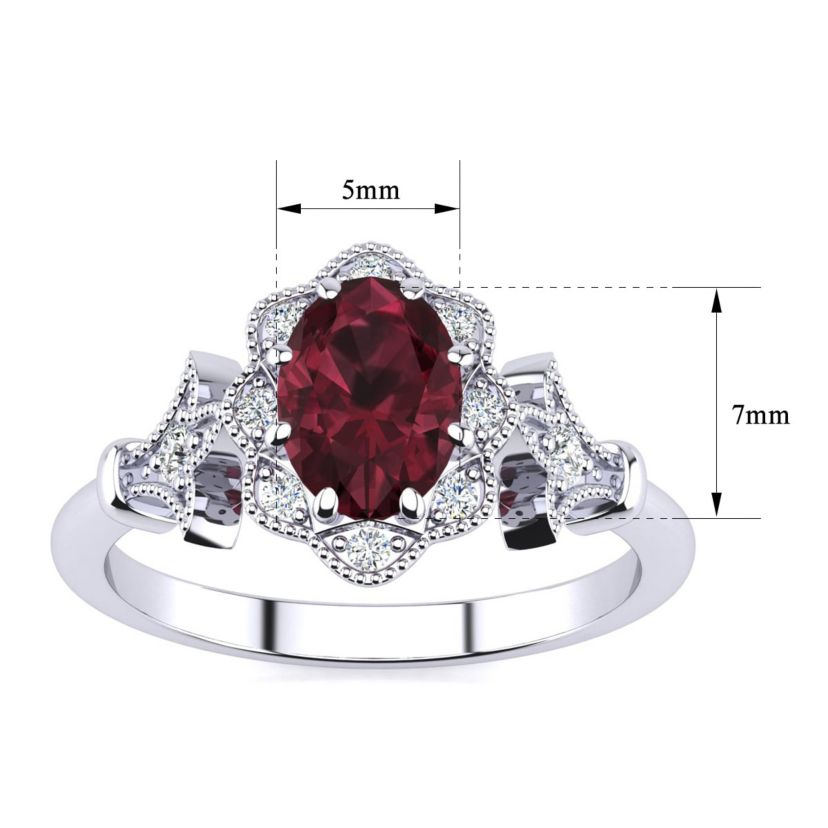 1 ct. t.w. Oval Shape Garnet and Halo Diamond Ring In Sterling Silver