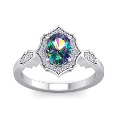 1 1/2 Carat Oval Shape Mystic Topaz and Halo Diamond Ring Sterling Silver