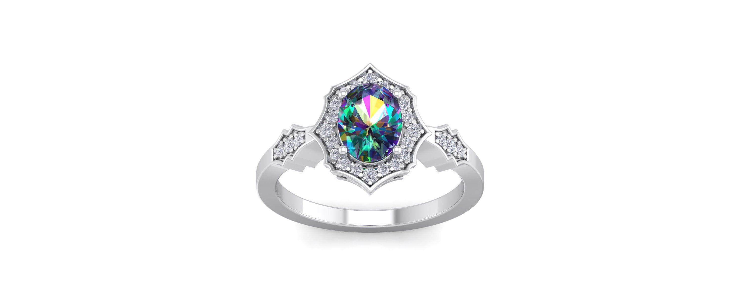 1 1/2 ct. t.w. Oval Shape Mystic Topaz and Halo Diamond Ring In Sterling Silver