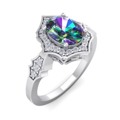 1 1/2 Carat Oval Shape Mystic Topaz and Halo Diamond Ring Sterling Silver