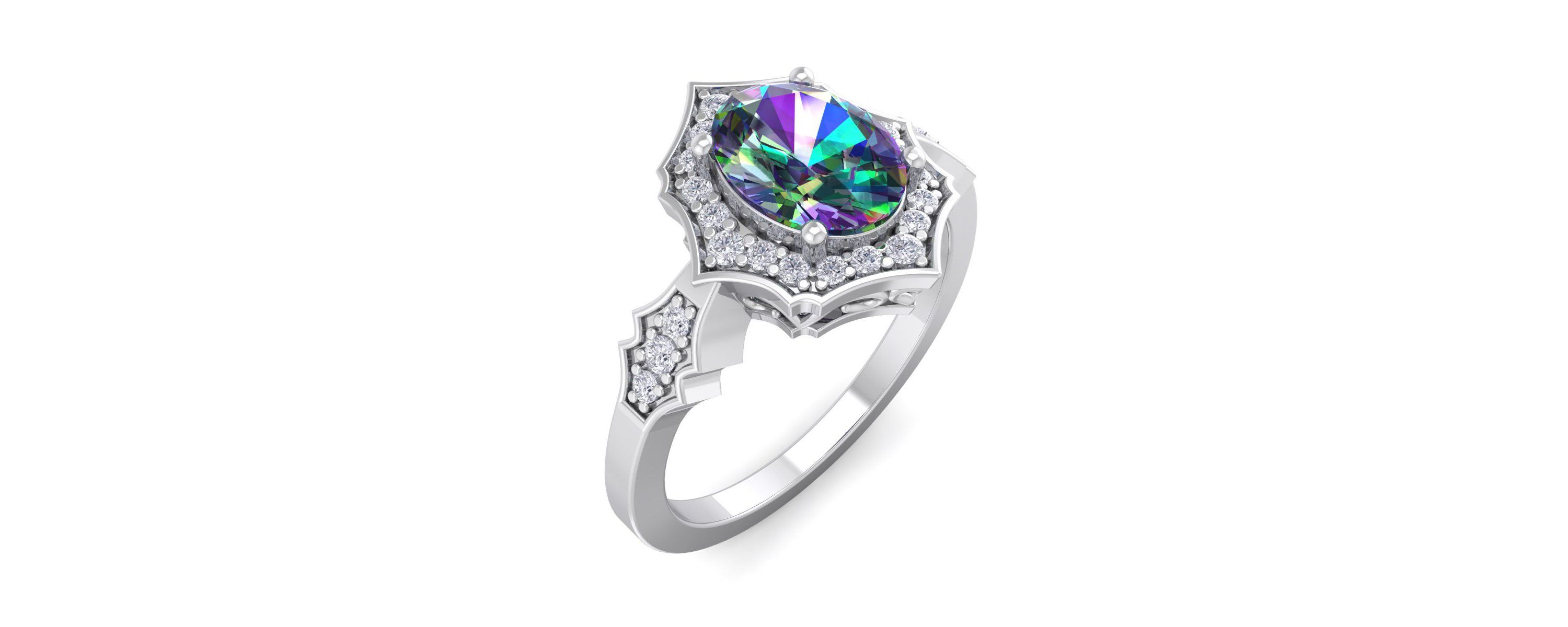1 1/2 ct. t.w. Oval Shape Mystic Topaz and Halo Diamond Ring In Sterling Silver