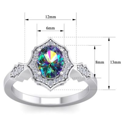 1 1/2 Carat Oval Shape Mystic Topaz and Halo Diamond Ring Sterling Silver