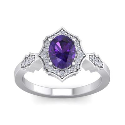 Belk & Co 1 1/2 Carat Oval Shape Amethyst and Halo Diamond Ring In Sterling Silver, White, 8.5