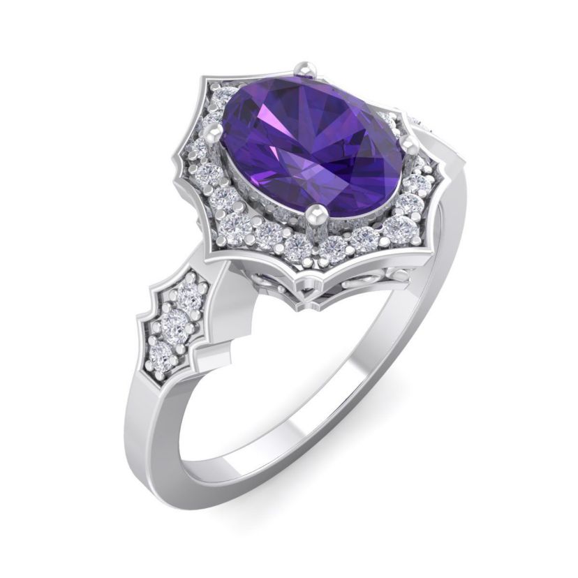 1 1/2 ct. t.w. Oval Shape Amethyst and Halo Diamond Ring In Sterling Silver
