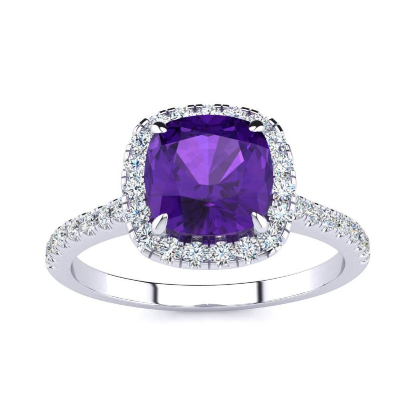 2 ct. t.w. Cushion Cut Amethyst and Halo Diamond Ring In Sterling Silver