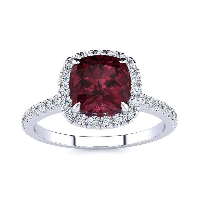2 ct. t.w. Cushion Cut Garnet and Halo Diamond Ring In Sterling Silver
