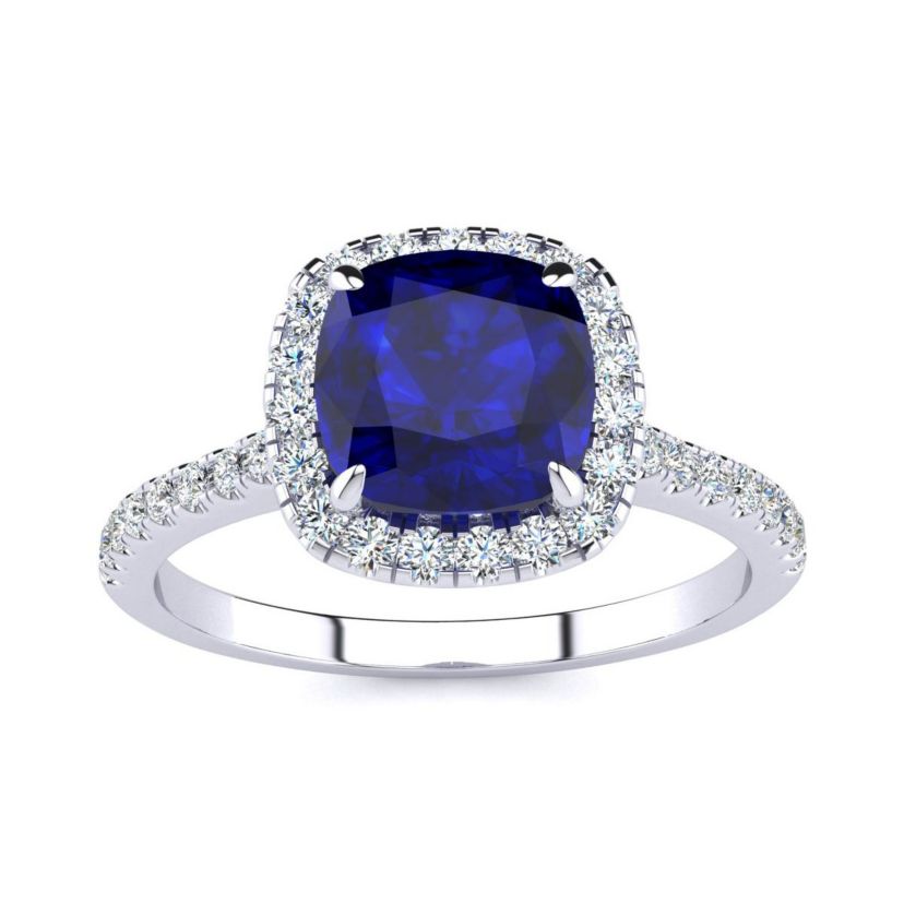Lab Created 2 ct. t.w. Cushion Cut Created Sapphire and Halo Diamond Ring In Sterling Silver
