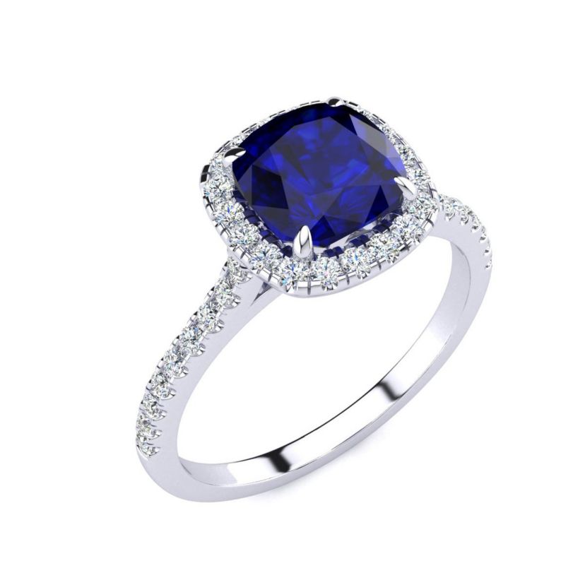 Lab Created 2 ct. t.w. Cushion Cut Created Sapphire and Halo Diamond Ring In Sterling Silver