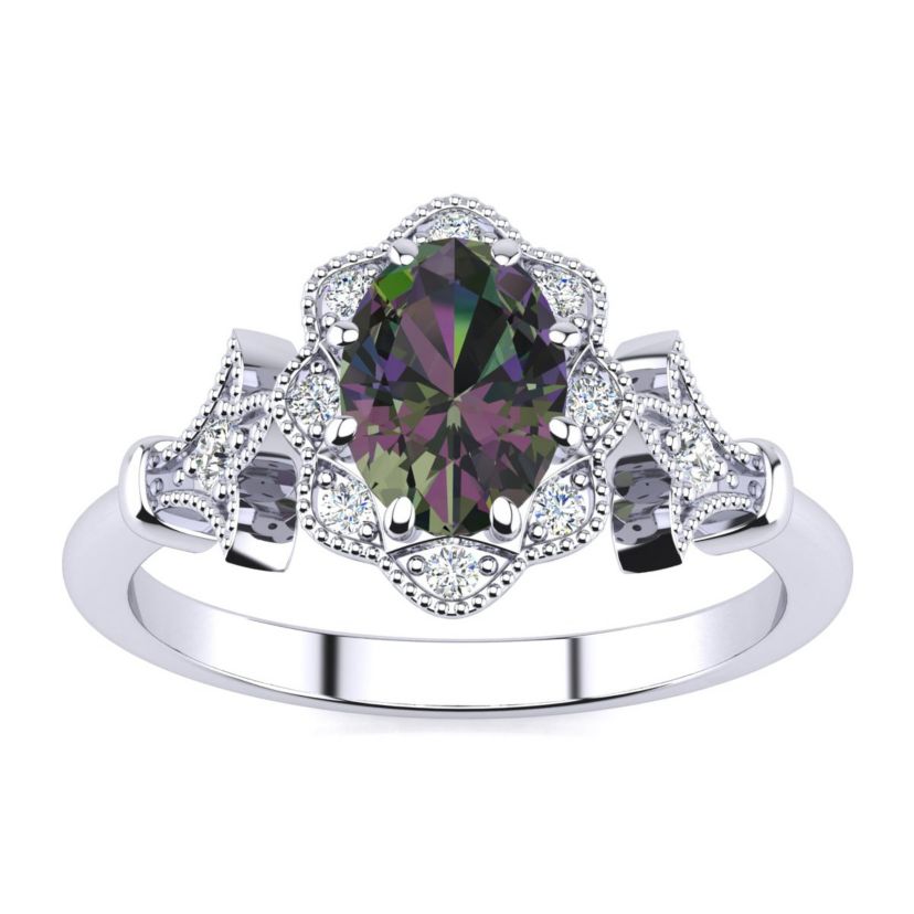 1 ct. t.w. Oval Shape Mystic Topaz and Halo Diamond Ring In Sterling Silver