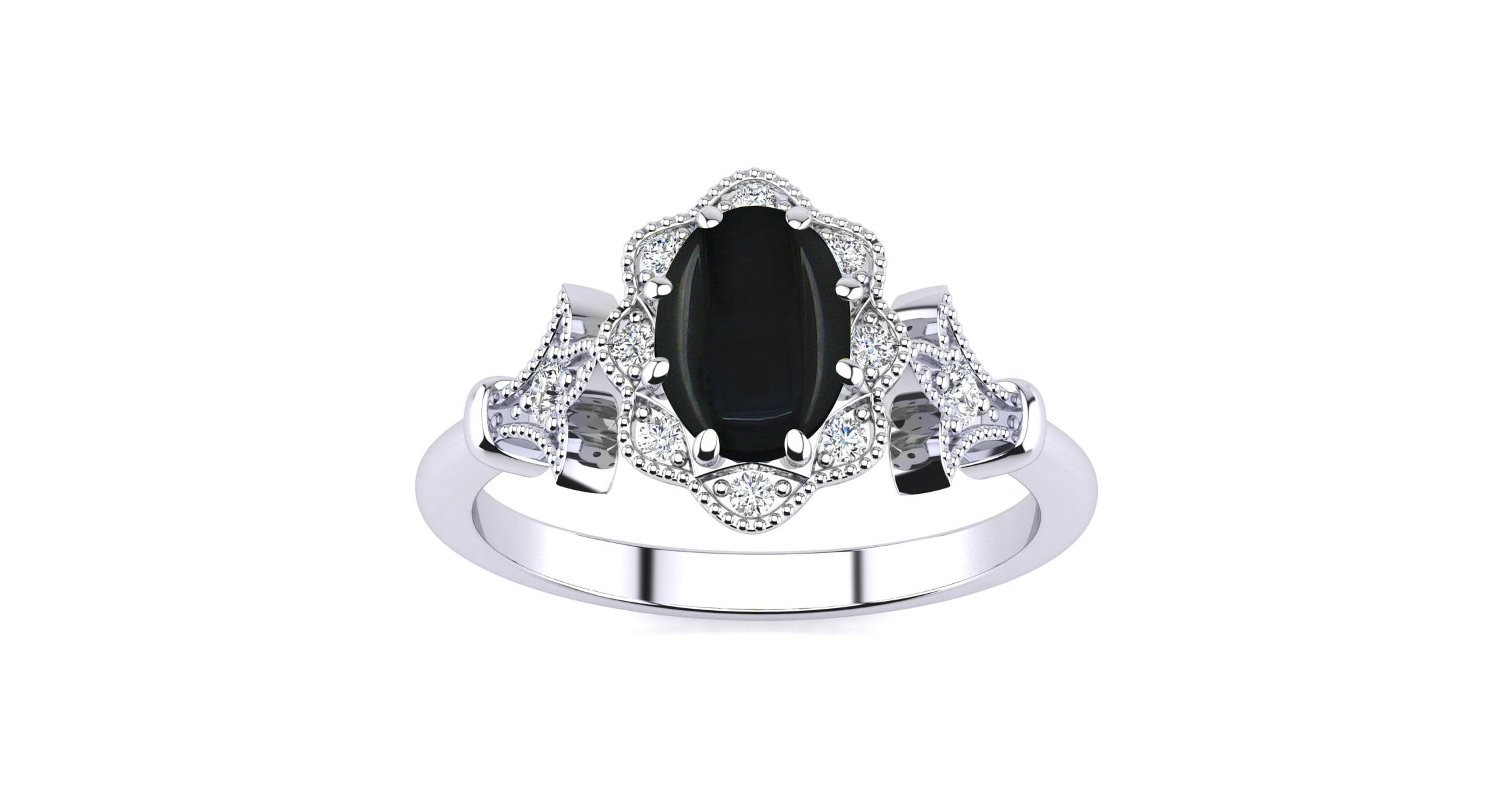 1 ct. t.w. Oval Shape Black Onyx and Halo Diamond Ring In Sterling Silver