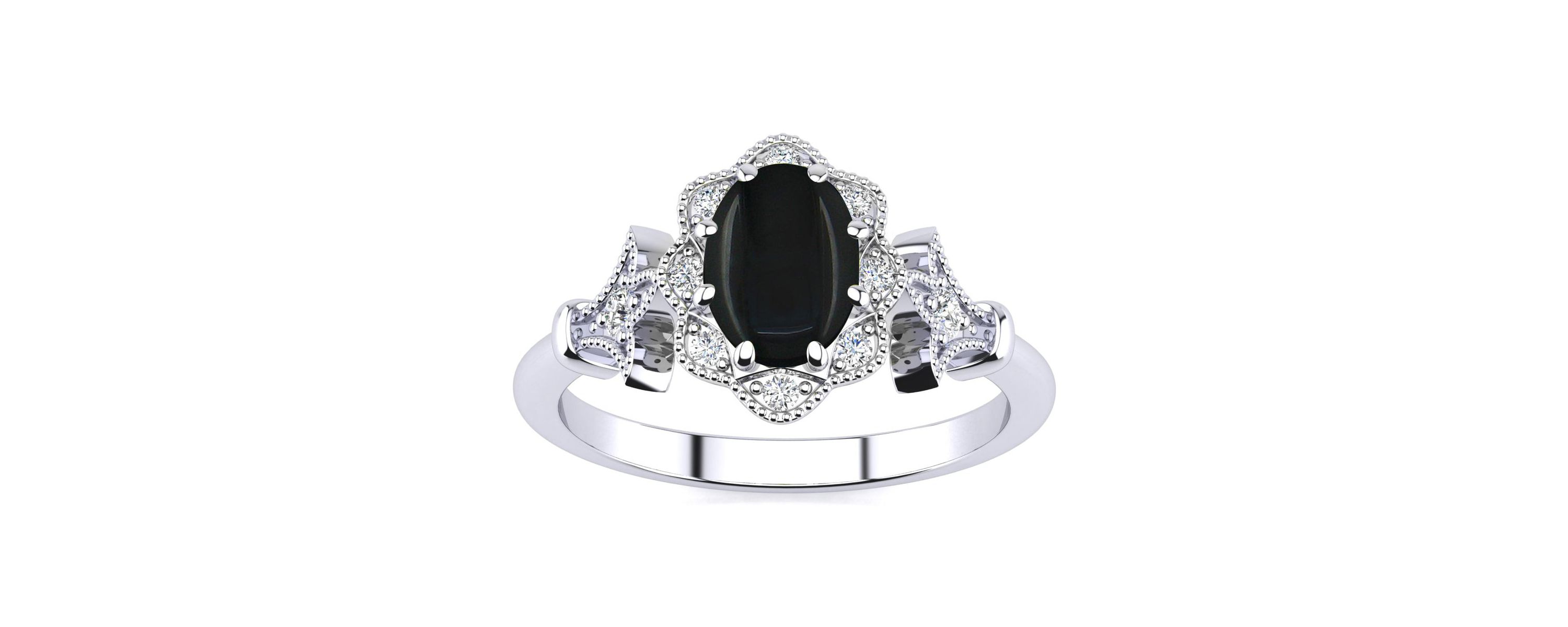 1 ct. t.w. Oval Shape Black Onyx and Halo Diamond Ring In Sterling Silver