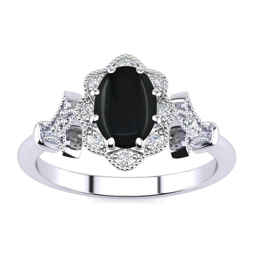 1 ct. t.w. Oval Shape Black Onyx and Halo Diamond Ring In Sterling Silver