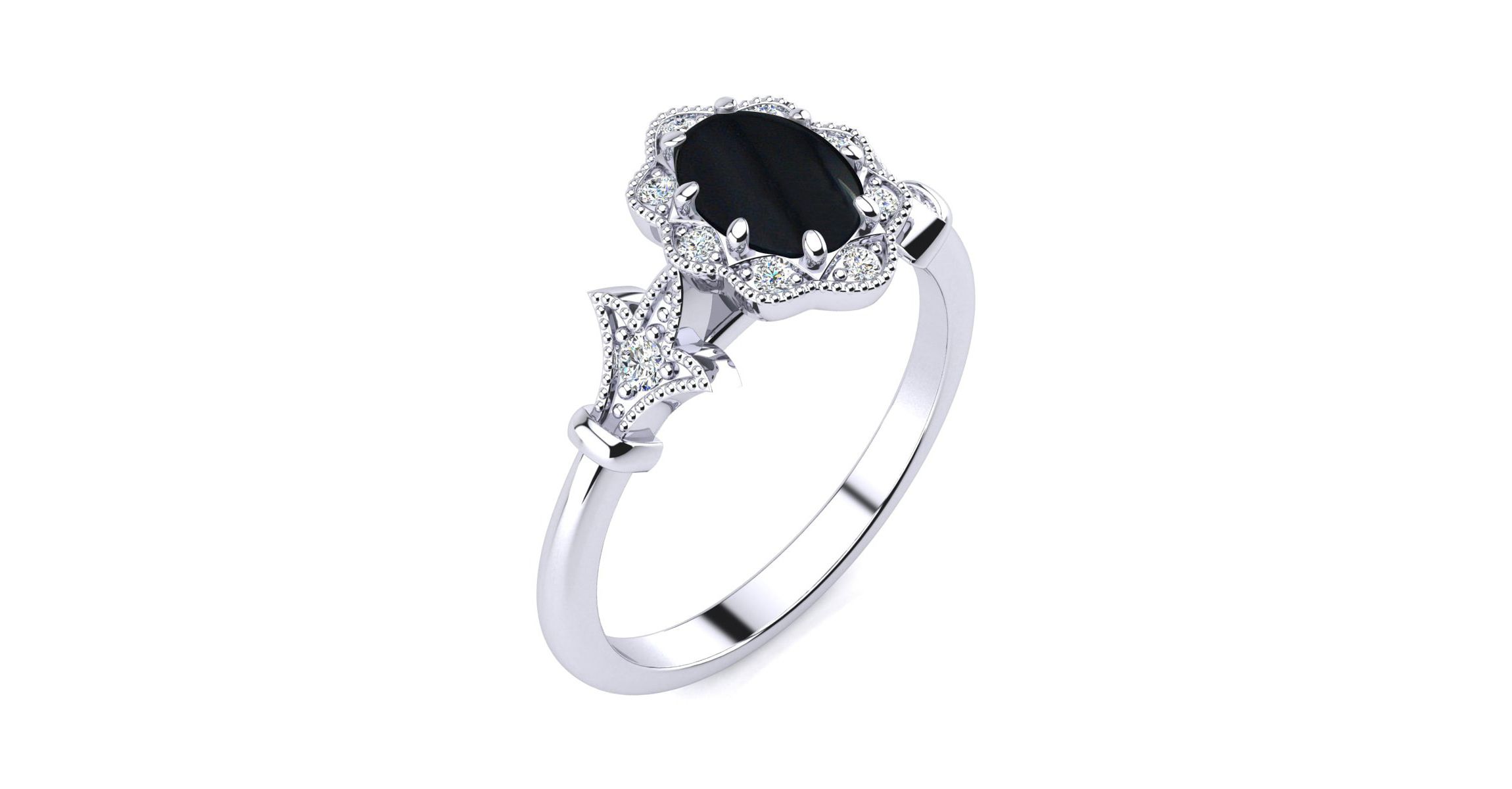 1 ct. t.w. Oval Shape Black Onyx and Halo Diamond Ring In Sterling Silver