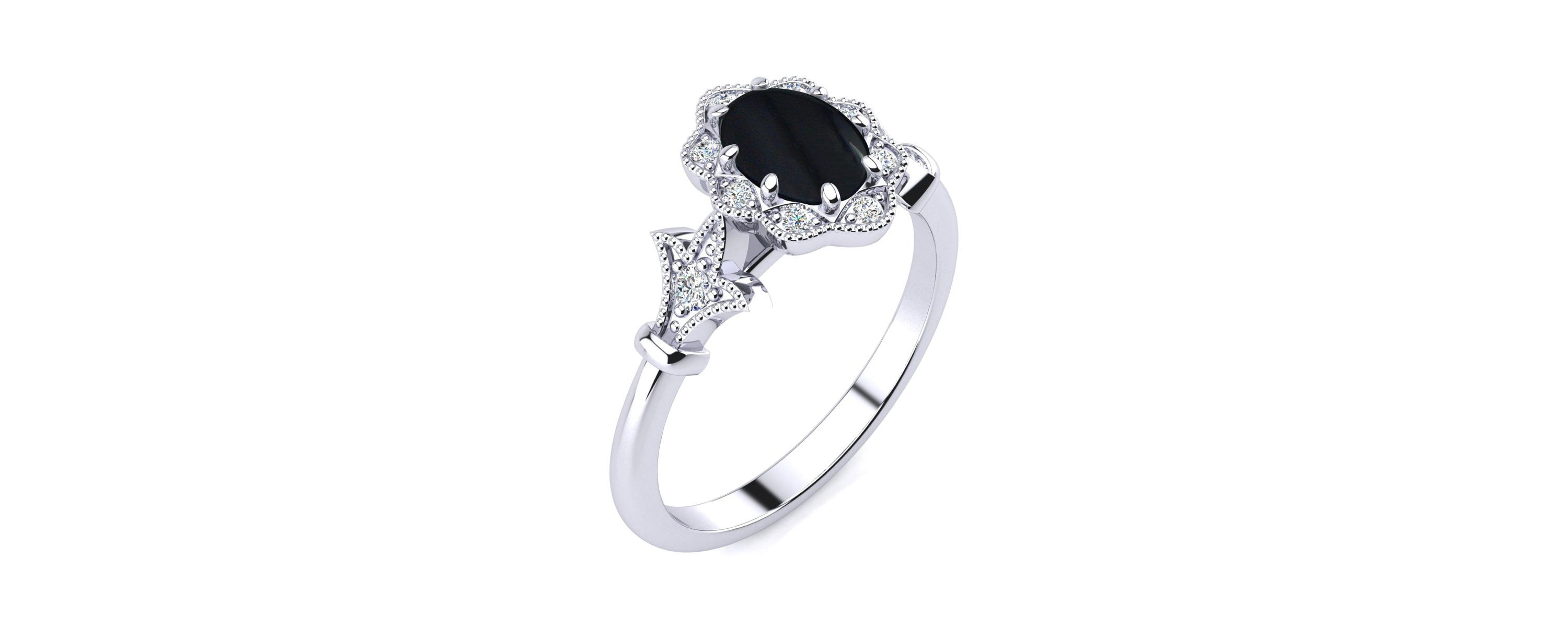 1 ct. t.w. Oval Shape Black Onyx and Halo Diamond Ring In Sterling Silver