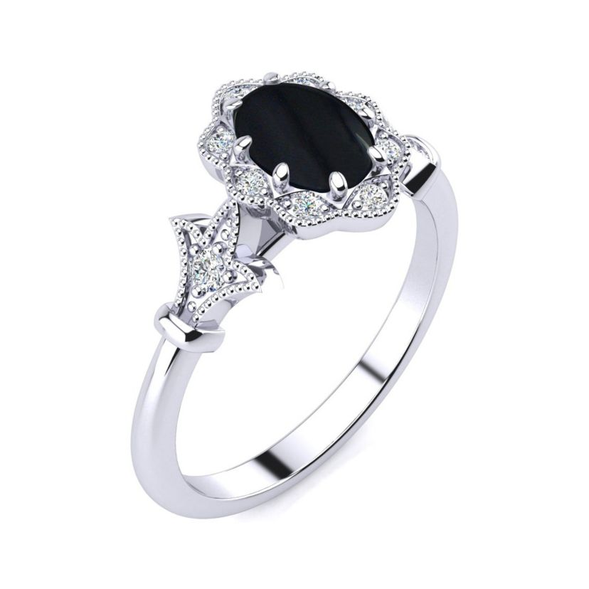1 ct. t.w. Oval Shape Black Onyx and Halo Diamond Ring In Sterling Silver